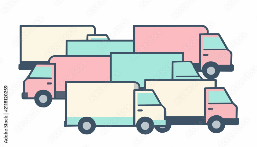 Fototapeta premium Group of colorful delivery trucks arranged in a minimalist flat vector illustration design concept with collection stylized delivery arranged layered composition