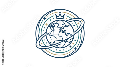 Obraz na płótnie Stylized globe icon with orbital rings and crown.