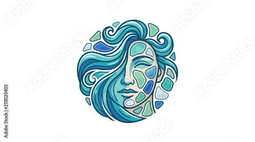 Fotografie Stylized woman face in blue water mosaic swirl pattern.