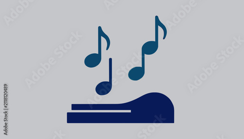 Minimalist musical notes floating above abstract curved base graphic icon design for audio concepts with light gray background hovering above dark