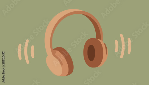 Minimalist brown headphones illustration featuring sound waves symbolizing audio technology and digital music streaming services with headphones centered
