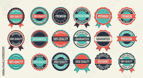 Quality badges with vintage ribbons represent premium standards and customer satisfaction for business branding.