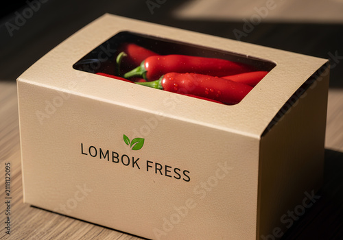 Fresh red chili peppers in eco friendly cardboard box