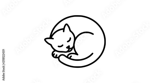 Minimalist Line Art Sleeping Cat Curled in Circle Icon