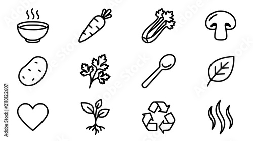 Healthy Food Icons: Soup, Vegetables, Heart, Plant, Recycle Symbol - Hand Drawn Style
