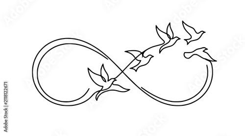 Foto Infinity symbol with flying birds, continuous line drawing, freedom, eternity, h