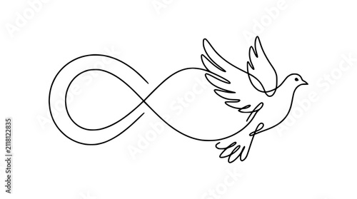 Foto Continuous line drawing of a dove forming infinity symbol, representing eternal peace and freedom
