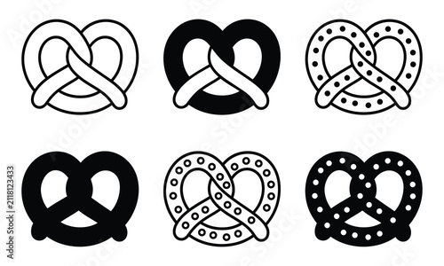 Set of six traditional soft salty pretzel icons with decorative salt dots.