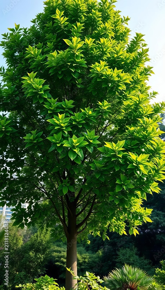 Fototapeta premium Lush green tree standing tall with vibrant leaves, branch, growth