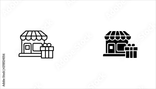 Minimal outline icon set.  of a retail store with gift box representing gift shops, shopping, retail business, and commercial services.