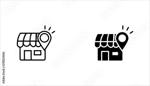 Outline icon set. showing a retail store with location pin suitable for maps, local business, and store finder applications.