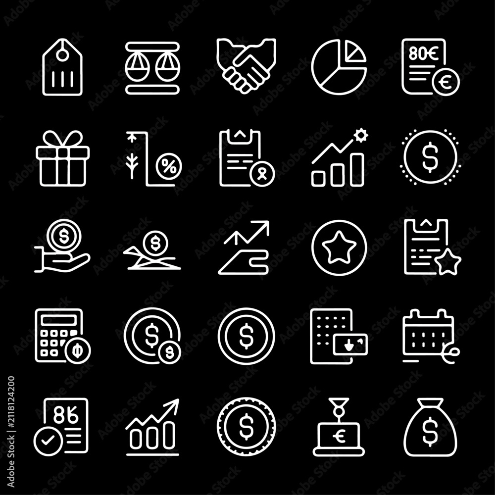 Fototapeta premium Price cost finance and commercial valuation line vector icons. 