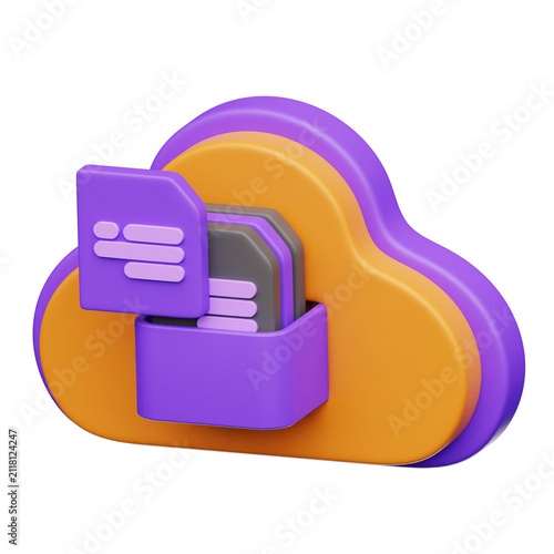 Digital cloud storage icon featuring stacked documents within a purple folder inside an orange 