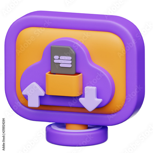 Digital data transfer cloud icon symbolizing upload and download operations with document file inside a stylized cloud on a purple pedestal base for online storage and synchronization