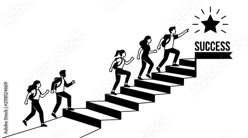 Team climbing stairs towards success star, teamwork, ambition, goals