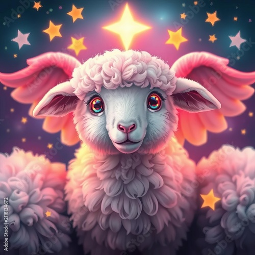 Angelic sheep with bright eyes and fluffy wool, surrounded by stars, cute, holiday