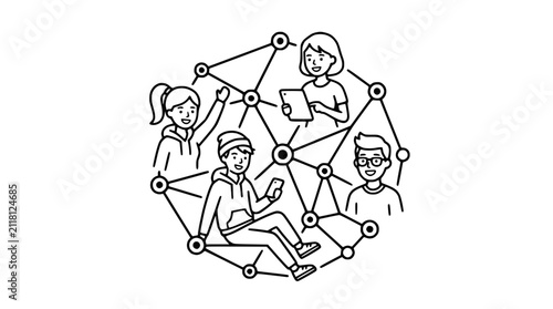 Diverse young people connected in a digital network, teamwork and communication concept