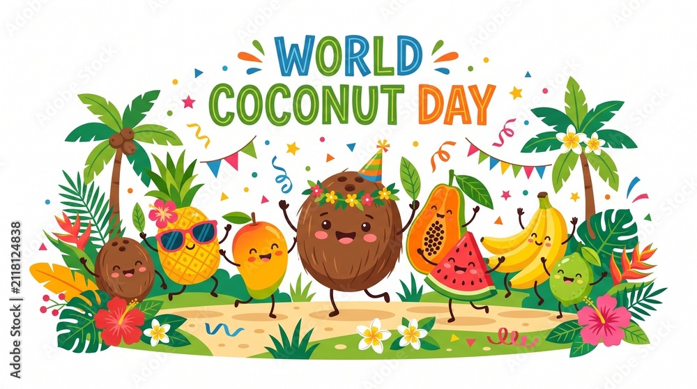 Obraz premium Happy tropical fruits celebrating World Coconut Day. 