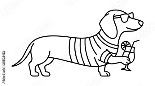 Cartoon dachshund dog wearing sunglasses and drinking.