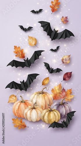Spooky Autumn Harvest: A delightful arrangement of pumpkins and autumn leaves is accented by a scattering of origami bats, creating a whimsical Halloween-themed scene with a touch of sparkle.