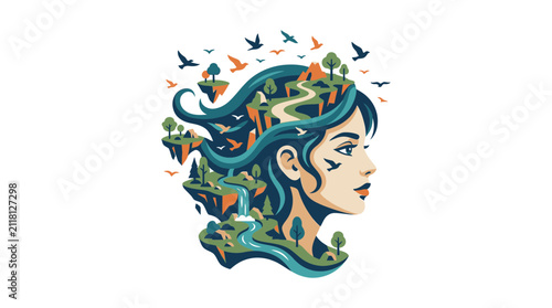 Woman head profile with hair as mountain landscape