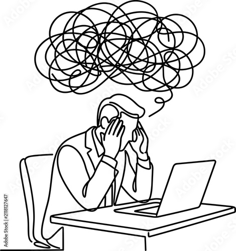 Obraz na płótnie Continuous line drawing of a stressed businessman working on a laptop with a messy tangled thought bubble above his head
