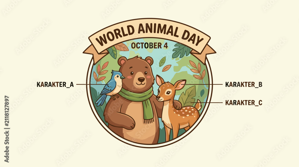 Fototapeta premium World Animal Day badge with bear and deer characters
