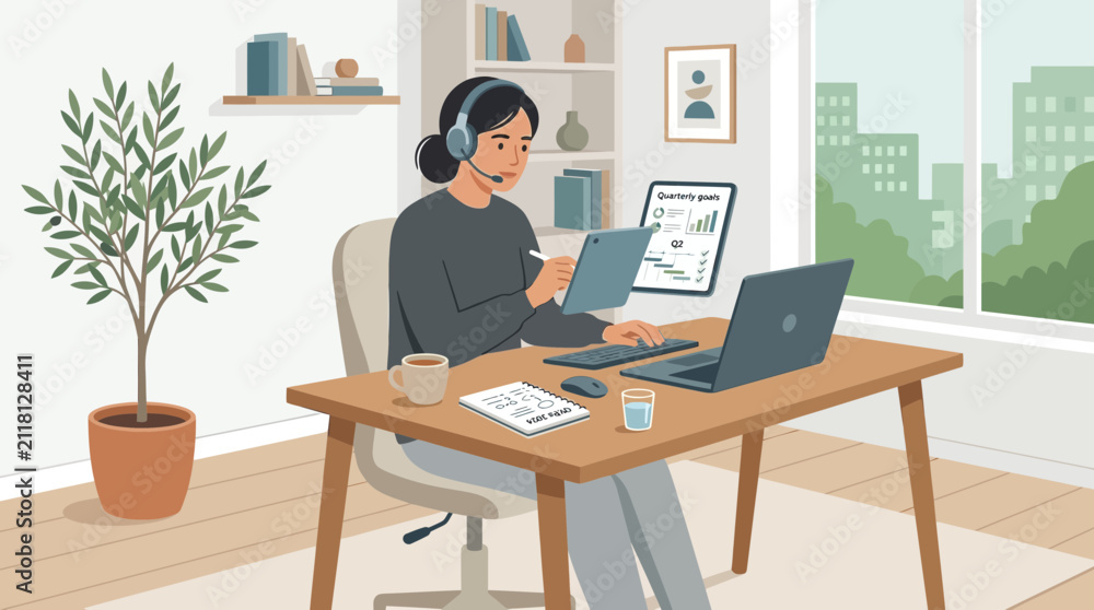 Obraz premium Woman working from home with laptop, tablet, and headset. Home office setup.