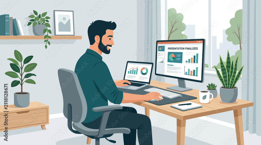 Obraz premium Man working from home on computer and laptop, home office setup