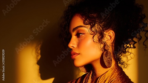 Elegant woman with curly dark hair and golden statement earrings. bathed in warm sunset light with
