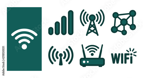 Foto Minimal Dark Teal WiFi Icon Set featuring Flat Vector Wireless Communication Symbols such as Router, Signal Strength, Broadcast Tower, Node Network and Wave Clipart on White