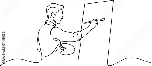 Continuous one line drawing of a male artist painting on a canvas.