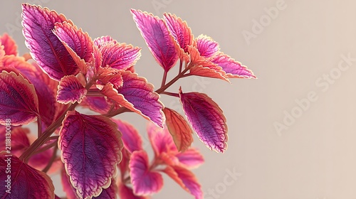 Close up of vibrant pink and purple coleus leaves with serrated edges against a soft neutral backg
