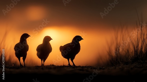 Three fluffy chicks in silhouette stand together against a vibrant orange sunset sky. with dry gra