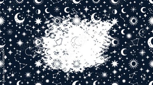 Obraz na płótnie Celestial Night Sky Pattern with Stars, Moons, and Suns