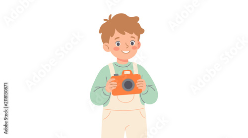 Cute Little Boy Holding a Camera Flat Illustration