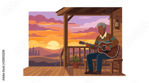 Elderly Man Plays Guitar on Porch at Sunset