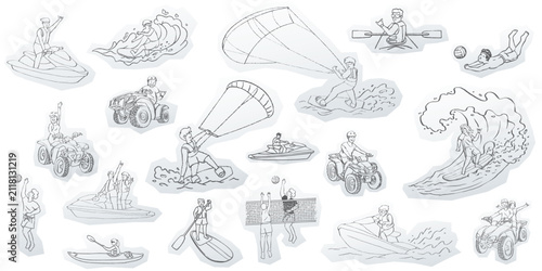 Versatile sticker pack of people enjoying beach vacation activities and watersports. Great for summer event flyers, travel agency banners, and social media.