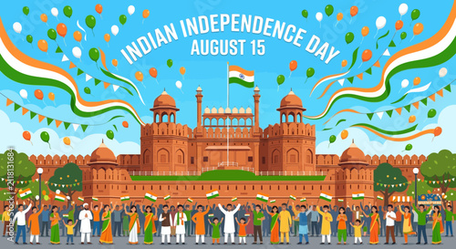 Indian Independence Day Celebration at Red Fort with People and Flags