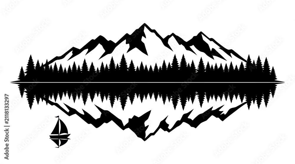 Fototapeta premium Mountain range reflection on lake with sailboat.