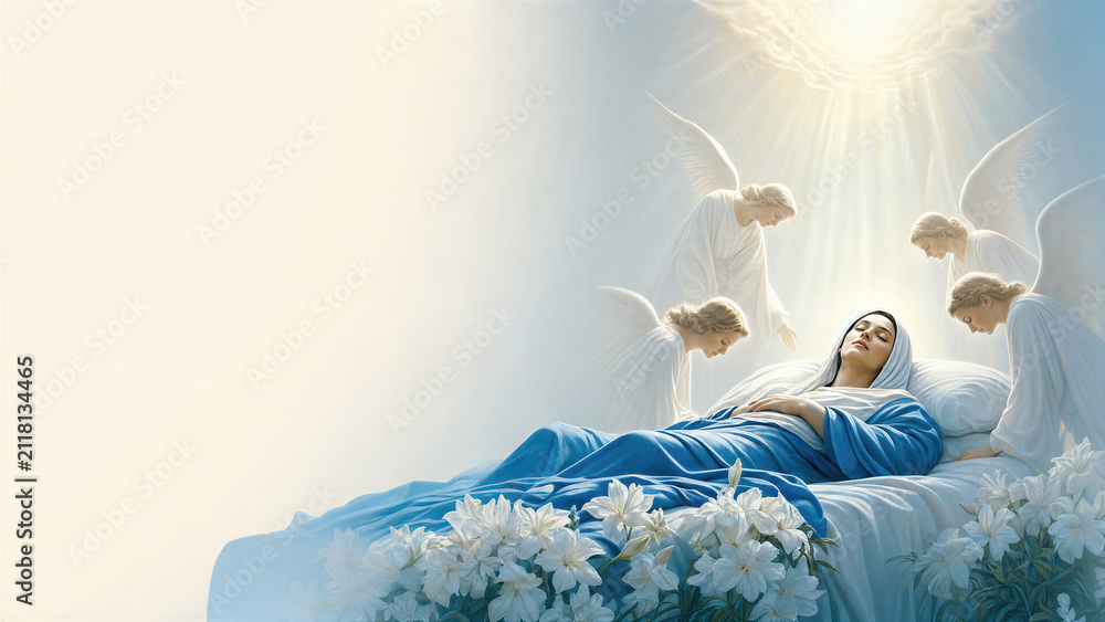 Fototapeta premium Virgin Mary lying on deathbed surrounded by angels. Dormition of the Mother of God scene with divine light and white lilies. Religious orthodox painting for church holiday celebration.