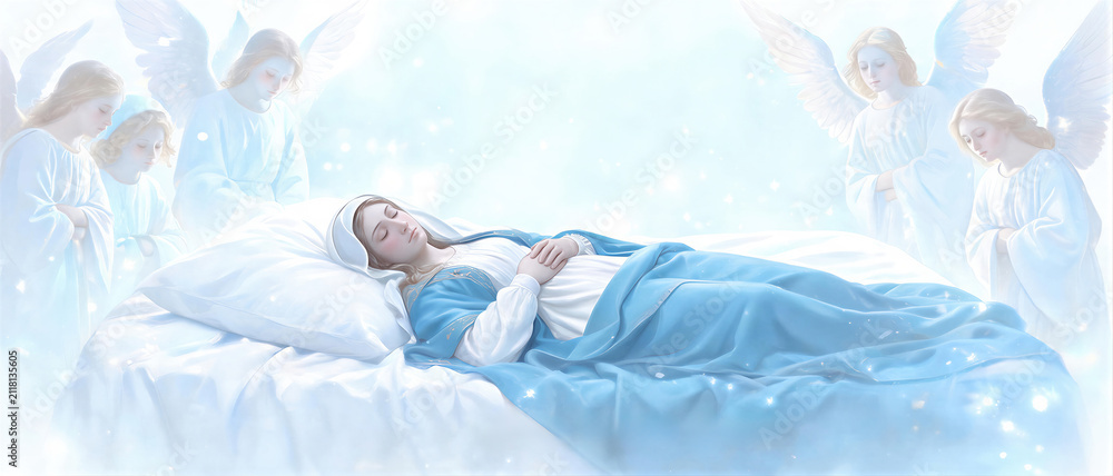 Fototapeta premium Virgin Mary lying in bed during Dormition surrounded by angels. Religious scene depicting the assumption of the mother of God into heaven. Banner with copy space