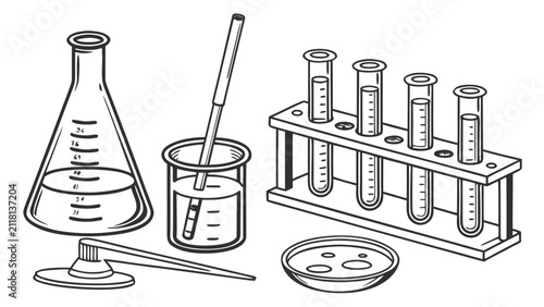 Set of laboratory glassware and scientific testing equipment with test tubes