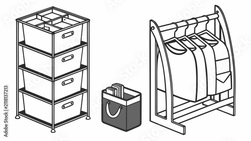 Home closet organization units and fabric storage bins illustration