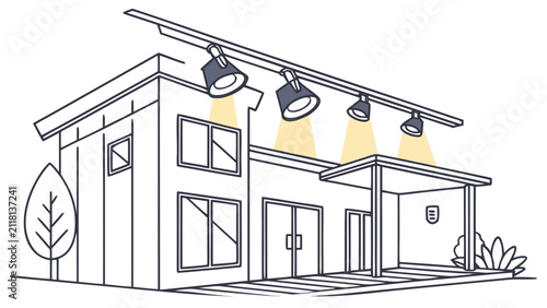Modern house exterior with track lighting systems and architectural detail