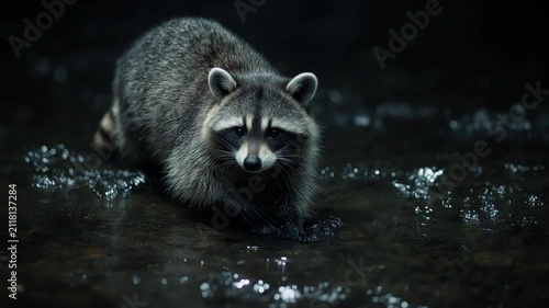 Close-up of a raccoon gently dipping its paws into a moonlit stream, tiny water droplets sparkling in silver night light