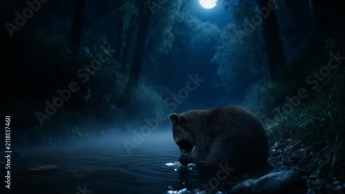 Close-up of a raccoon gently dipping its paws into a moonlit stream, tiny water droplets sparkling in silver night light