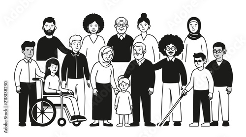 Diverse community group representing inclusion and multiculturalism illustration.