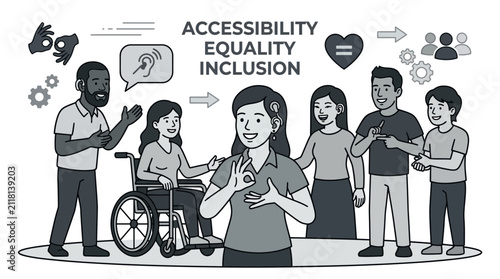 Diverse group promoting accessibility equality and inclusion icons