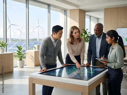 Diverse team planning renewable energy project. Professionals analyzing green power data.